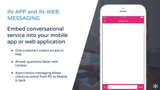 Embed conversational
service into your mobile
app or web application
● Give customers instant access to
help
● Answer questions faster with
context
● Asyncronous messaging allows
clients to switch from PC to Mobile
& back
IN-APP and IN-WEB
MESSAGING
 