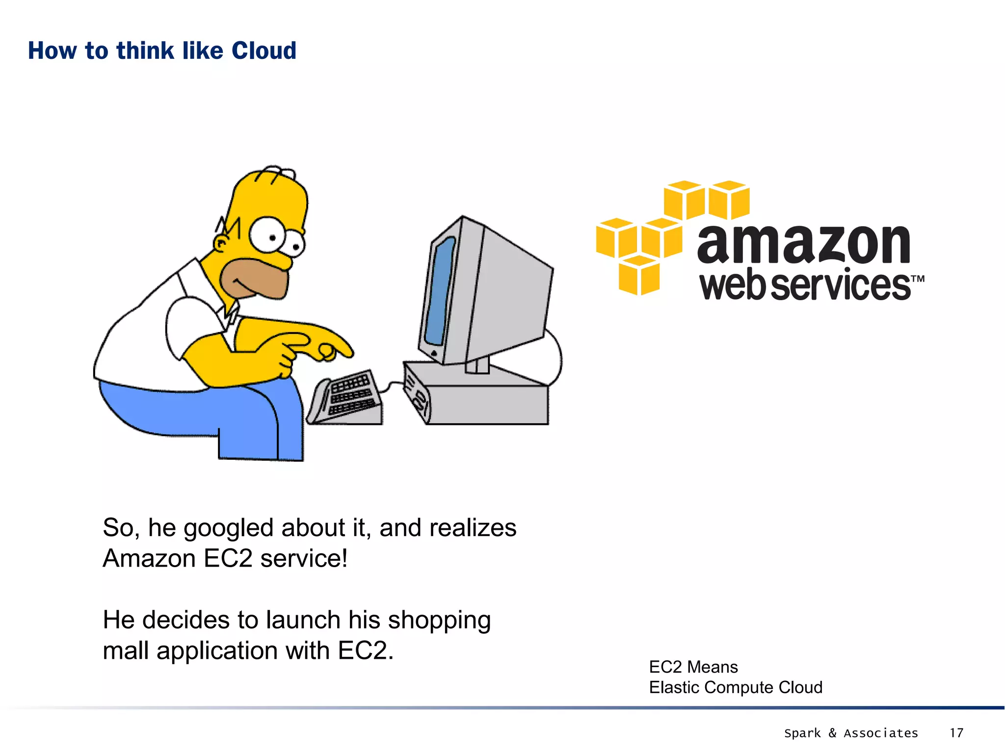 How to think like Cloud




      So, he googled about it, and realizes
      Amazon EC2 service!

      He decides to launch his shopping
      mall application with EC2.
                                              EC2 Means
                                              Elastic Compute Cloud

                                                              Spark & Associates   17
 