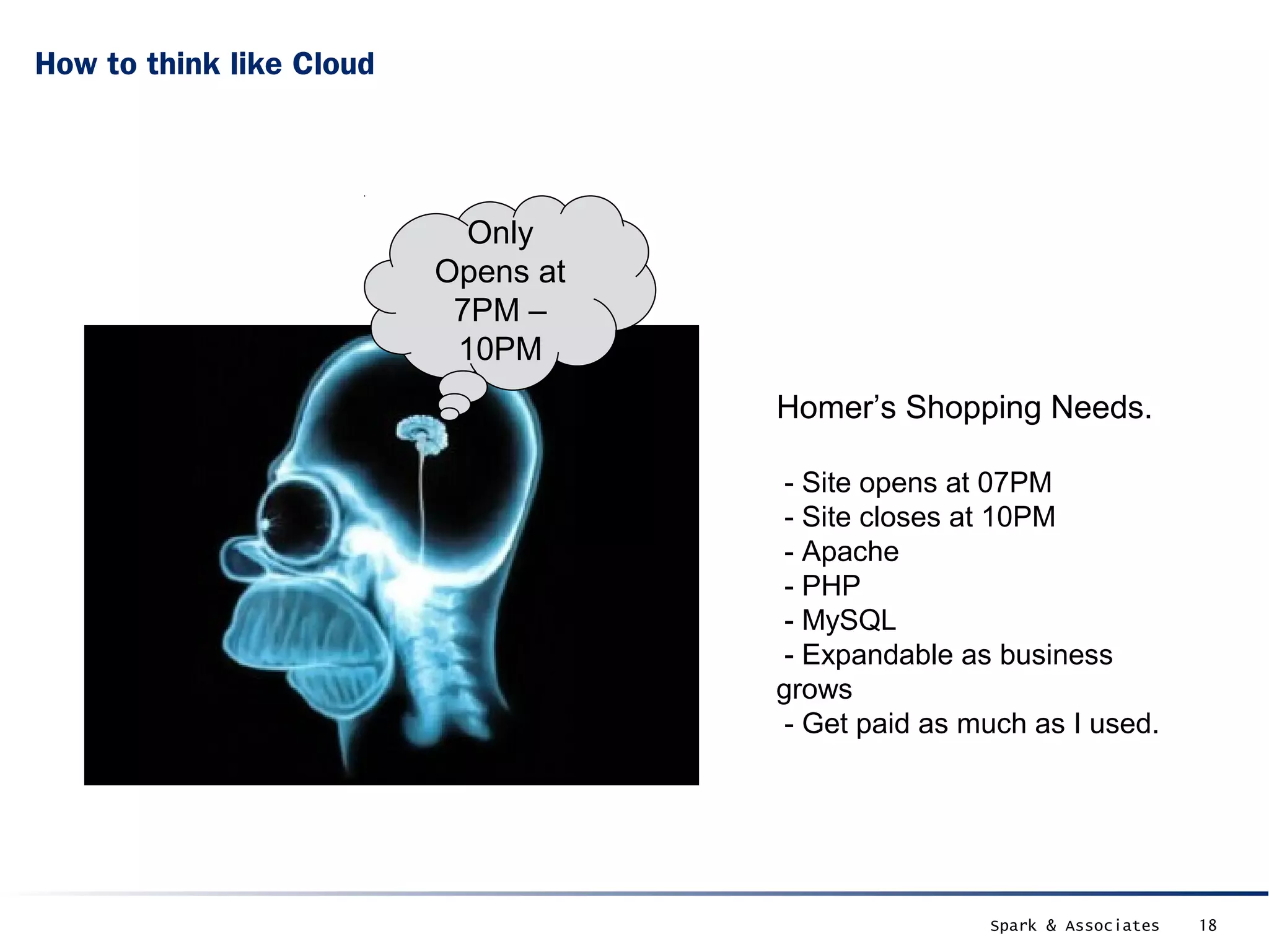 How to think like Cloud




                            Only
                          Opens at
                           7PM –
                           10PM
                                     Homer’s Shopping Needs.

                                      - Site opens at 07PM
                                      - Site closes at 10PM
                                      - Apache
                                      - PHP
                                      - MySQL
                                      - Expandable as business
                                     grows
                                      - Get paid as much as I used.




                                                     Spark & Associates   18
 