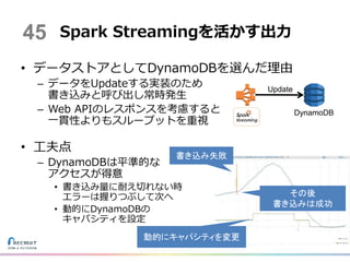 • データストアとしてDynamoDBを選んだ理由
– データをUpdateする実装のため
書き込みと呼び出し常時発生
– Web APIのレスポンスを考慮すると
一貫性よりもスループットを重視
• 工夫点
– DynamoDBは平準的な
アクセスが得意
• 書き込み量に耐え切れない時
エラーは握りつぶして次へ
• 動的にDynamoDBの
キャパシティを設定
Spark Streamingを活かす出力
DynamoDB
45
動的にキャパシティを変更
書き込み失敗
Update
その後
書き込みは成功
 
