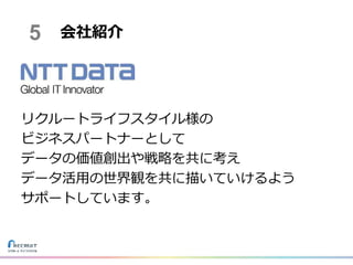リクルートライフスタイル様の
ビジネスパートナーとして
データの価値創出や戦略を共に考え
データ活用の世界観を共に描いていけるよう
サポートしています。
会社紹介5
 