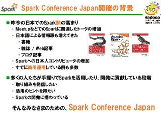 Spark Conference Japan開催の背景
 昨今の日本でのSpark熱の高まり
• MeetupなどでのSparkに関連したトークの増加
• 日本語による情報源も増えてきた
‐ 書籍
‐ 雑誌 / Web記事
‐ ブログ記事
•...