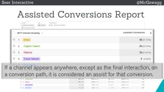 © 2015 Seer Interactive • All Rights Reserved • Page 26
Seer Interactive @McGswagg
Assisted Conversions Report
If a channel appears anywhere, except as the final interaction, on
a conversion path, it is considered an assist for that conversion.
 
