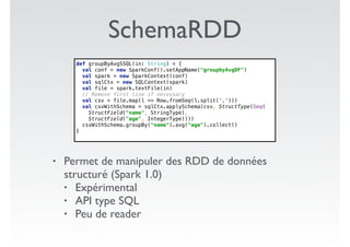 SchemaRDD
def groupByAvgSSQL(in: String) = { 
val conf = new SparkConf().setAppName("groupbyAvgDF") 
val spark = new SparkContext(conf) 
val sqlCtx = new SQLContext(spark) 
val file = spark.textFile(in) 
// Remove first line if necessary 
val csv = file.map(l => Row.fromSeq(l.split(','))) 
val csvWithSchema = sqlCtx.applySchema(csv, StructType(Seq( 
StructField("name", StringType), 
StructField("age", IntegerType)))) 
csvWithSchema.groupBy("name").avg("age").collect() 
}
• Permet de manipuler des RDD de données
structuré (Spark 1.0)
• Expérimental
• API type SQL
• Peu de reader
 