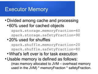 Executor Memory
●
Divided among cache and processing
●
60% used for cached objects
spark.storage.memoryFraction=60
spark.storage.safetyFraction=90
●
20% used for shuffles
spark.shuffle.memoryFraction=20
spark.shuffle.safetyFraction=80
●
What's left over is for task execution
●
Usable memory is defined as follows:
(max memory allocated to JVM – overhead memory
used in the JVM) * memoryFraction * safetyFraction.
 