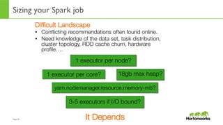 Page	
  44	
  
Sizing your Spark job
	
  
Difﬁcult Landscape
•  Conﬂicting recommendations often found online.
•  Need knowledge of the data set, task distribution,
cluster topology, RDD cache churn, hardware
proﬁle…. 
1 executor per core?
It Depends
1 executor per node?
3-5 executors if I/O bound?
yarn.nodemanager.resource.memory-mb?
18gb max heap?
 