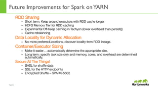 Page	
  51	
  
Future Improvements for Spark onYARN
	
  
RDD Sharing
–  Short term: Keep around executors with RDD cache longer
–  HDFS Memory Tier for RDD caching
–  Experimental Off-heap caching in Tachyon (lower overhead than persist())
–  Cache rebalancing
Data Locality for Dynamic Allocation
–  No more preferredLocations, discover locality from RDD lineage.
Container/Executor Sizing
–  Make it easier… automatically determine the appropriate size.
–  Long term: specify task size only and memory, cores, and overhead are determined
automatically.
Secure All The Things!
–  SASL for shufﬂe data
–  SSL for the HTTP endpoints
–  Encrypted Shufﬂe – SPARK-5682
 