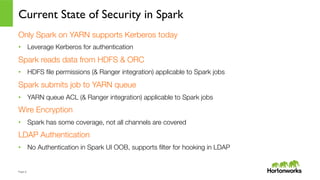 Page	
  6	
  
Current State of Security in Spark
Only Spark on YARN supports Kerberos today
•  Leverage Kerberos for authentication
Spark reads data from HDFS & ORC
•  HDFS ﬁle permissions (& Ranger integration) applicable to Spark jobs
Spark submits job to YARN queue
•  YARN queue ACL (& Ranger integration) applicable to Spark jobs
Wire Encryption 
•  Spark has some coverage, not all channels are covered
LDAP Authentication
•  No Authentication in Spark UI OOB, supports ﬁlter for hooking in LDAP
 