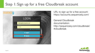 Page	
  60	
  
Step 1: Sign up for a free Cloudbreak account
Page	
  60	
  
URL to sign up for a free account:"
https://accounts.sequenceiq.com/ "
"
General Cloudbreak
documentation:"
http://sequenceiq.com/cloudbreak/
#cloudbreak
 