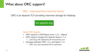 Page	
  7	
  
What about ORC support?
ORC – Optimized Row Columnar format 
ORC is an Apache TLP providing columnar storage for Hadoop

Spark ORC Support
•  ORC support in HDP/Spark since 1.2.x – (Alpha)
•  ORC support merged into Apache Spark in 1.4
•  Joint blog with Databricks @ hortonworks.com 
•  Changes between ORC 1.3.1 and Spark 1.4.1
•  ORC now uses standard API to read/write. 
orc.apache.org	
  
 