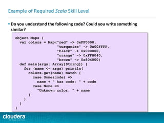 Example of Required Scala Skill Level
 Do you understand the following code? Could you write something
similar?
object Maps {
val colors = Map("red" -> 0xFF0000,
"turquoise" -> 0x00FFFF,
"black" -> 0x000000,
"orange" -> 0xFF8040,
"brown" -> 0x804000)
def main(args: Array[String]) {
for (name <- args) println(
colors.get(name) match {
case Some(code) =>
name + " has code: " + code
case None =>
"Unknown color: " + name
}
)
}
}
 