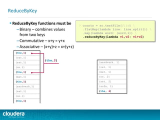  ReduceByKey functions must be
–Binary – combines values
from two keys
–Commutative – x+y = y+x
–Associative – (x+y)+z = x+(y+z)
ReduceByKey
(the,1)
(cat,1)
(sat,1)
(on,1)
(the,1)
(mat,1)
(the,1)
(aardvark,1)
(sat,1)
(on,1)
(the,1)
> counts = sc.textFile(file) 
.flatMap(lambda line: line.split()) 
.map(lambda word: (word,1)) 
.reduceByKey(lambda v1,v2: v1+v2)
(the,2)
(aardvark, 1)
(cat, 1)
(mat, 1)
(on, 2)
(sat, 2)
(sofa, 1)
(the, 4)
 