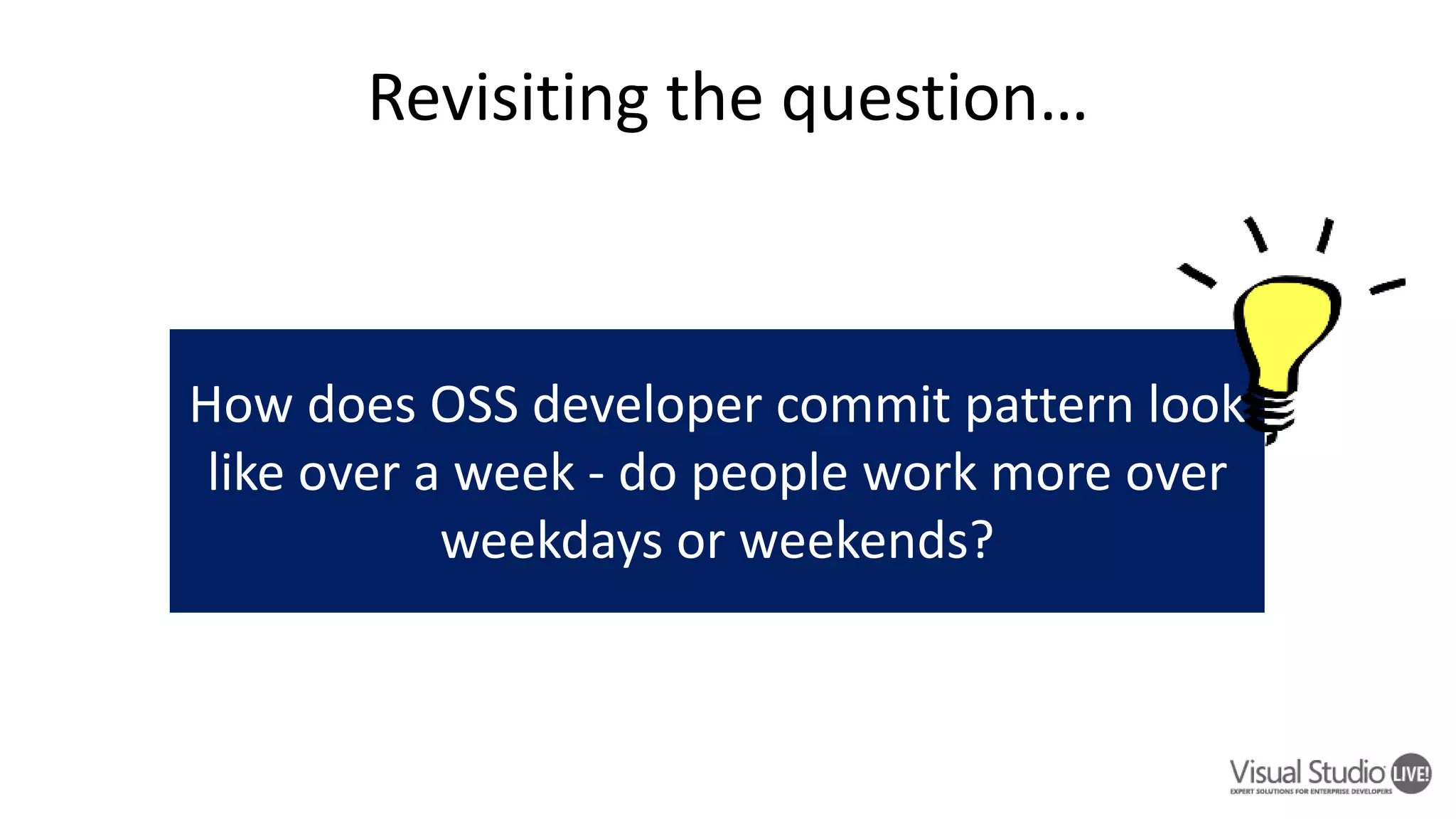 Revisiting the question… How does OSS developer commit pattern look like over a week - do people work more over weekdays or weekends? 