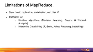 Limitations of MapReduce
● Slow due to replication, serialization, and disk IO
● Inefficient for:
○ Iterative algorithms (Machine Learning, Graphs & Network
Analysis)
○ Interactive Data Mining (R, Excel, Adhoc Reporting, Searching)
 