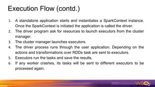 Execution Flow (contd.)
1. A standalone application starts and instantiates a SparkContext instance.
Once the SparkContext is initiated the application is called the driver.
2. The driver program ask for resources to launch executors from the cluster
manager.
3. The cluster manager launches executors.
4. The driver process runs through the user application. Depending on the
actions and transformations over RDDs task are sent to executors.
5. Executors run the tasks and save the results.
6. If any worker crashes, its tasks will be sent to different executors to be
processed again.
 