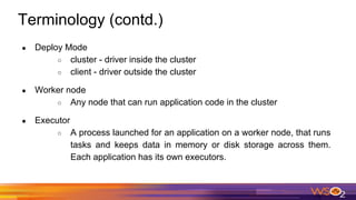 Terminology (contd.)
● Deploy Mode
○ cluster - driver inside the cluster
○ client - driver outside the cluster
● Worker node
○ Any node that can run application code in the cluster
● Executor
○ A process launched for an application on a worker node, that runs
tasks and keeps data in memory or disk storage across them.
Each application has its own executors.
 