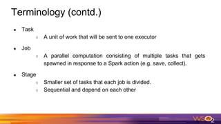 Terminology (contd.)
● Task
○ A unit of work that will be sent to one executor
● Job
○ A parallel computation consisting of multiple tasks that gets
spawned in response to a Spark action (e.g. save, collect).
● Stage
○ Smaller set of tasks that each job is divided.
○ Sequential and depend on each other
 