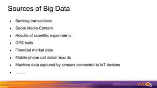 Sources of Big Data
● Banking transactions
● Social Media Content
● Results of scientific experiments
● GPS trails
● Financial market data
● Mobile-phone call detail records
● Machine data captured by sensors connected to IoT devices
● ……..
 