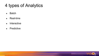 4 types of Analytics
● Batch
● Real-time
● Interactive
● Predictive
 