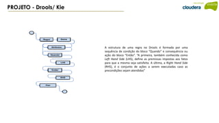 PROJETO - Drools/ Kie
A estrutura de uma regra no Drools é formada por uma
sequência de condição do bloco “Quando” e consequência ou
ação do bloco “Então”. “A primeira, também conhecida como
Left Hand Side (LHS), define as premissas impostas aos fatos
para que a mesma seja satisfeita. A última, a Right Hand Side
(RHS), é o conjunto de ações a serem executadas caso as
precondições sejam atendidas”
 