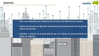 OBJETIVOS
• Criar uma arquitetura de referência de um motor de inferência de eventos
• Utilizar ferramentas de Big Data como base para processamento de um grande
volume de eventos
• Subsidiar o sistema de processamento por um sistema de gerenciamento de
regras de negócios
 