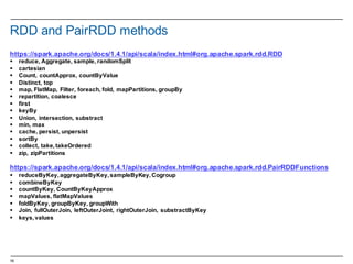 16
RDD  and  PairRDD  methods
https://spark.apache.org/docs/1.4.1/api/scala/index.html#org.apache.spark.rdd.RDD
§ reduce,  Aggregate,  sample,  randomSplit
§ cartesian
§ Count,  countApprox,  countByValue
§ Distinct,  top
§ map,  FlatMap,  Filter,  foreach,  fold,  mapPartitions,  groupBy
§ repartition,  coalesce
§ first
§ keyBy
§ Union,  intersection,  substract
§ min,  max
§ cache,  persist,  unpersist
§ sortBy
§ collect,  take,  takeOrdered
§ zip,  zipPartitions
https://spark.apache.org/docs/1.4.1/api/scala/index.html#org.apache.spark.rdd.PairRDDFunctions
§ reduceByKey,  aggregateByKey,  sampleByKey,  Cogroup
§ combineByKey
§ countByKey,  CountByKeyApprox
§ mapValues,  flatMapValues
§ foldByKey,  groupByKey,  groupWith
§ Join,  fullOuterJoin,  leftOuterJoint,  rightOuterJoin,  substractByKey
§ keys,  values
 