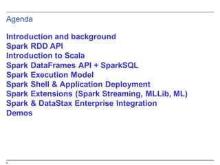2
Introduction  and  background
Spark  RDD  API
Introduction  to  Scala
Spark  DataFrames API  +  SparkSQL
Spark  Execution  Model
Spark  Shell  &  Application  Deployment
Spark  Extensions  (Spark  Streaming,  MLLib,  ML)
Spark  &  DataStax Enterprise  Integration
Demos
Agenda
 