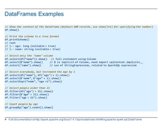 36
DataFrames  Examples
//  Show  the  content  of  the  DataFrame (default  100  records,  use  show(int)  for  specifying  the  number)
df.show()
//  Print  the  schema  in  a  tree  format
df.printSchema()
//  root
//  |-­‐-­‐ age:  long  (nullable =  true)
//  |-­‐-­‐ name:  string  (nullable =  true)
//  Select  only  the  "name"  column
df.select(df(“name”)).show()      //  full  statement  using  Column
df.select($”name”).show()          //  $  is  implicit  of  Column,  need  import  sqlContext.implicits._
df.select("name").show()            //  use  of  StringExpression,  related  to  SparkSQL expression
//  Select  everybody,  but  increment  the  age  by  1
df.select(df("name"),  df("age")  +  1).show()  
df.select($"name”,  $"age”  +  1).show()
df.selectExpr(“name”,  “age  +1”).show()
//  Select  people  older  than  21
df.filter(df("age")  >  21).show()
df.filter($"age”  >  21).show()
df.filter("age  >  21”).show()
//  Count  people  by  age
df.groupBy("age").count().show()
Full  documentation  at  http://spark.apache.org/docs/1.4.1/api/scala/index.html#org.apache.spark.sql.DataFrame
 