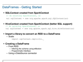 40
DataFrames -­ Getting  Started
§ SQLContext created  from  SparkContext
// An existing SparkContext, sc
val sqlContext = new org.apache.spark.sql.SQLContext(sc)
§ HiveContext created  from  SparkContext (better  SQL  support)
// An existing SparkContext, sc
val sqlContext = new org.apache.spark.sql.hive.HiveContext(sc)
§ Import  a  library  to  convert  an  RDD  to  a  DataFrame
– Scala:  
import sqlContext.implicits._
§ Creating  a  DataFrame
– From  RDD
– Inferring  the  schema  using  reflection
– Programmatic  Interface
– Using  a  DataSource connector
 