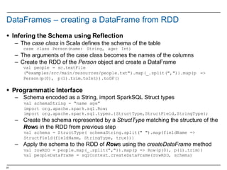 41
DataFrames – creating  a  DataFrame from  RDD
§ Infering the  Schema  using  Reflection
– The  case  class  in  Scala  defines  the  schema  of  the  table
case class Person(name: String, age: Int)
– The  arguments  of  the  case  class  becomes  the  names  of  the  columns
– Create  the  RDD  of  the  Person object  and  create  a  DataFrame
val people = sc.textFile
("examples/src/main/resources/people.txt").map(_.split(",")).map(p =>
Person(p(0), p(1).trim.toInt)).toDF()
§ Programmatic  Interface
– Schema  encoded  as  a  String,  import  SparkSQL Struct types
val schemaString = “name age”
import org.apache.spark.sql.Row;
import org.apache.spark.sql.types.{StructType,StructField,StringType};
– Create  the  schema  represented  by  a  StructType matching  the  structure  of  the  
Rows  in  the  RDD  from  previous  step
val schema = StructType( schemaString.split(" ").map(fieldName =>
StructField(fieldName, StringType, true)))
– Apply  the  schema  to  the  RDD  of  Rows  using  the  createDataFrame method
val rowRDD = people.map(_.split(",")).map(p => Row(p(0), p(1).trim))
val peopleDataFrame = sqlContext.createDataFrame(rowRDD, schema)
 