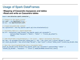 77
§Mapping of  Cassandra  keyspaces and  tables
§Read  and  write on  Cassandra  tables
Usage  of  Spark  DataFrames
import  com.datastax.spark.connector._
//  Connect  to  the  Spark  cluster
val conf =  new  SparkConf(true)...
val  sc =  new  SparkContext(conf)
//  Create  Cassandra  SQL  context
val sqlContext =  new  org.apache.spark.sql.hive.HiveContext(sc)
//  Cassandra  Table  as  a  Spark  DataFrame
val df =  sqlContext.read.format("org.apache.spark.sql.cassandra").
options(Map("keyspace"-­‐>"music",  "table"  -­‐>  "tracks_by_album”)).
load()
//  Some  DataFrames transformations  //  for  floor  :  import  sqlContext.functions._
val tmp =  df.groupBy((floor(df("album_year")  /  10)  *  10).cast("int").alias("decade")).count
val count_by_decade =  tmp.select(tmp("decade"),  tmp("count").alias("album_count"))count_by_decade.show
//  Save  the  resulting  DataFrame into  a  Cassandra  Table  
count_by_decade.write.format("org.apache.spark.sql.cassandra").options(Map(  "table"  -­‐>  
"albums_by_decade",  "keyspace"  -­‐>  "steve")).mode(SaveMode.Overwrite).save()
 