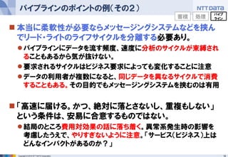 19Copyright © 2016 NTT DATA Corporation
 本当に柔軟性が必要ならメッセージングシステムなどを挟ん
でリード・ライトのライフサイクルを分離する必要あり。
パイプラインにデータを流す頻度、速度に分析のサイクルが束縛され
ることもあるから気が抜けない。
要求されるサイクルはビジネス要求によっても変化することに注意
データの利用者が複数になると、同じデータを異なるサイクルで消費
することもある。その目的でもメッセージングシステムを挟むのは有用
 「高速に届ける。かつ、絶対に落とさないし、重複もしない」
という条件は、安易に合意するものではない。
結局のところ費用対効果の話に落ち着く。異常系発生時の影響を
考慮したうえで、やりすぎないように注意。「サービス（ビジネス）上は
どんなインパクトがあるのか？」
パイプラインのポイントの例（その２）
蓄積 処理
パイプ
ライン
 