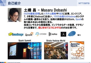 2Copyright © 2016 NTT DATA Corporation
自己紹介
土橋 昌 - Masaru Dobashi
OSSを徹底活用したシステム開発やR&Dに従事。エンジニア。
7、8年前にHadoopに出会い、1000台超えのHadoopのシステ
ムの開発・運用などを担う。当時の課題感からStorm、Sparkの
取り組みをはじめ現在に至る。
技術コンサルから現場開発、インフラからデータ処理、ゲテモノ
から定番まで、捻じ伏せてどうにかするのがお仕事です。
等々
Spark Summit Strata Hadoop World
 