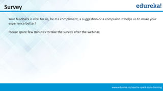 www.edureka.co/apache-spark-scala-training
Survey
Your feedback is vital for us, be it a compliment, a suggestion or a complaint. It helps us to make your
experience better!
Please spare few minutes to take the survey after the webinar.
 