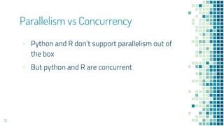 ▪ Python and R don’t support parallelism out of
the box
▪ But python and R are concurrent
Parallelism vs Concurrency
15
 