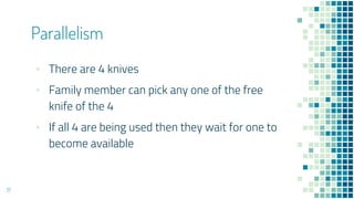 ▪ There are 4 knives
▪ Family member can pick any one of the free
knife of the 4
▪ If all 4 are being used then they wait for one to
become available
Parallelism
17
 