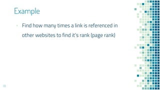 ▪ Find how many times a link is referenced in
other websites to find it’s rank (page rank)
Example
33
 
