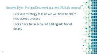 ▪ Previous strategy fails as we will have to share
map across process
▪ Locks have to be acquired adding additional
delays
Iterative Style - Multiple Document at a time (Multiple process)
35
 