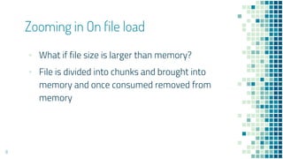 ▪ What if file size is larger than memory?
▪ File is divided into chunks and brought into
memory and once consumed removed from
memory
Zooming in On file load
8
 