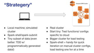 “Strategery”
● Local machine; simulated
cluster
● Spark-shell/spark-submit
● Tiny subset of data (even
better: TDD w/
programmatically generated
data!)
● Real cluster
● Start tiny: Test functions/ configs
specific to cloud
● Bigger cluster for load testing
● Spark-shell = handy for quick
iteration on manual cluster configs,
load testing one fxn at a time
 
