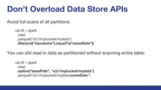 Don’t Overload Data Store APIs
Avoid full scans of all partitions:
val df = spark
.read
.parquet(“s3://mybucket/mydata”)
.filter(col(“mycolumn”).equalTo(“someDate”))
You can still read in data as partitioned without scanning entire table:
val df = spark
.read
.option(“basePath”, “s3://mybucket/mydata”)
.parquet(“s3://mybucket/mydata/someDate”)
 
