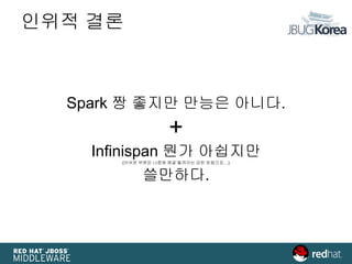 인위적 결론
Spark 짱 좋지만 만능은 아니다.
+
Infinispan 뭔가 아쉽지만
(아쉬운 부분은 나중에 해결 될꺼라는 강한 믿음으로…)
쓸만하다.
 