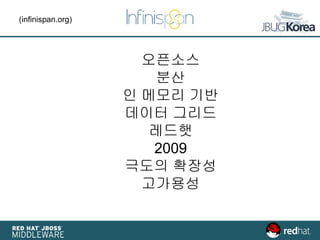 오픈소스
분산
인 메모리 기반
데이터 그리드
레드햇
2009
극도의 확장성
고가용성
(infinispan.org)
 
