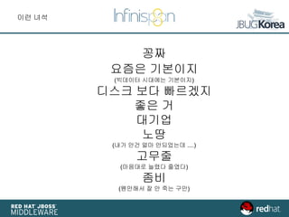 꽁짜
요즘은 기본이지
(빅데이터 시대에는 기본이지)
디스크 보다 빠르겠지
좋은 거
대기업
노땅
(내가 안건 얼마 안되었는데 ....)
고무줄
(마음대로 늘렸다 줄였다)
좀비
(웬만해서 잘 안 죽는 구만)
이런 녀석
 