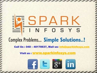 Call Us : 040 – 40178637, Mail us: info@sparkinfosys.com

    Visit us :   www.sparkinfosys.com
 
