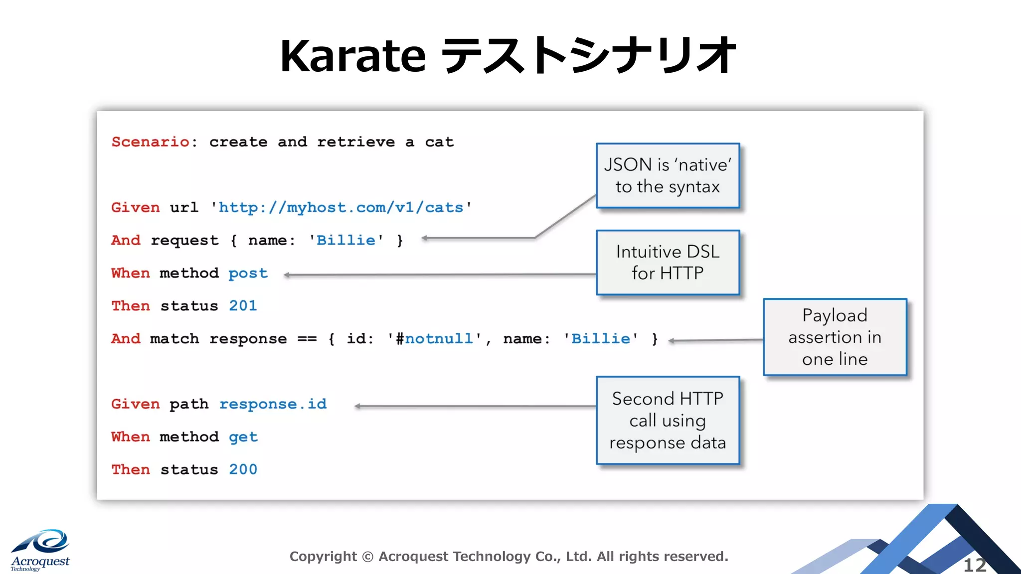 Copyright © Acroquest Technology Co., Ltd. All rights reserved.
12
Karate テストシナリオ
 
