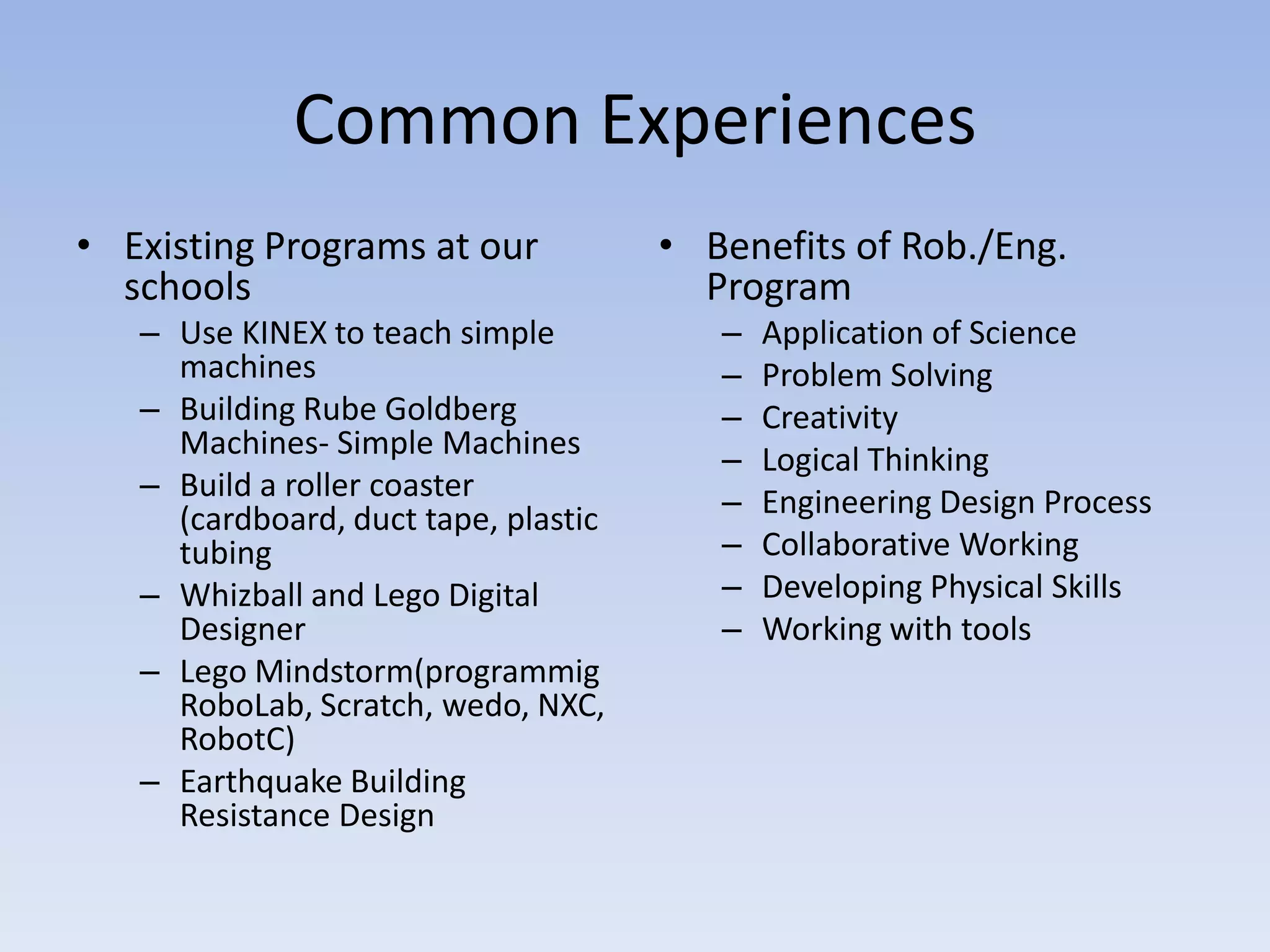Common Experiences
• Existing Programs at our            • Benefits of Rob./Eng.
  schools                               Program
   – Use KINEX to teach simple           –   Application of Science
     machines                            –   Problem Solving
   – Building Rube Goldberg              –   Creativity
     Machines- Simple Machines           –   Logical Thinking
   – Build a roller coaster              –   Engineering Design Process
     (cardboard, duct tape, plastic
     tubing                              –   Collaborative Working
   – Whizball and Lego Digital           –   Developing Physical Skills
     Designer                            –   Working with tools
   – Lego Mindstorm(programmig
     RoboLab, Scratch, wedo, NXC,
     RobotC)
   – Earthquake Building
     Resistance Design
 