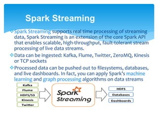 Spark Streaming
Spark Streaming supports real time processing of streaming
data, Spark Streaming is an extension of the core Spark API
that enables scalable, high-throughput, fault-tolerant stream
processing of live data streams.
Data can be ingested: Kafka, Flume, Twitter, ZeroMQ, Kinesis
or TCP sockets
Processed data can be pushed out to filesystems, databases,
and live dashboards. In fact, you can apply Spark’s machine
learning and graph processing algorithms on data streams
 