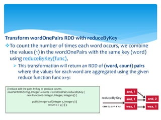 Transform wordOnePairs RDD with reduceByKey
To count the number of times each word occurs, we combine
the values (1) in the wordOnePairs with the same key (word)
using reduceByKey(func),
 This transformation will return an RDD of (word, count) pairs
where the values for each word are aggregated using the given
reduce function func x+y:
// reduce add the pairs by key to produce counts
JavaPairRDD<String, Integer> counts = wordOnePairs.reduceByKey (
new Function2<Integer, Integer, Integer>() {
public Integer call(Integer x, Integer y) {
return x + y; } } );
 