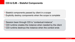 CDI & EJB – Stateful Components



• Stateful components passed by client in a scope
• Explicitly destroy components when the scope is complete


• Session bean through CDI is “contextual instance”
• CDI runtime creates the instance when needed by the client
• CDI runtime destroys the instance when the context ends




                                                               36
 